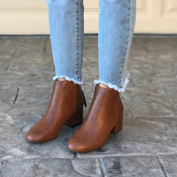 Cognac Back Zipper Block Heel Booties - Picture 2 of 8